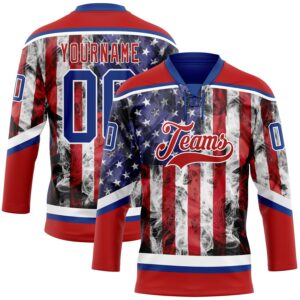 Custom Red Royal-White 3D American Flag Hockey Lace Neck Jersey