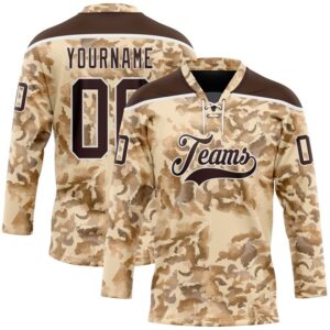 Custom Camo Brown-White 3D Camouflage Grunge Desert Hockey Lace Neck Jersey