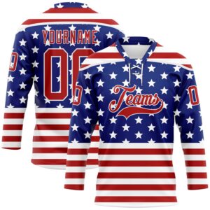 Custom White Red-Royal American Flag Hockey Lace Neck Jersey
