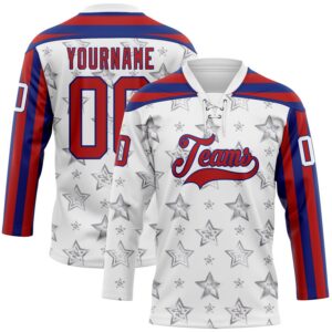 Custom White Red-Royal American Flag Hockey Lace Neck Jersey