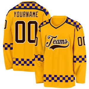 Custom Gold Brown Purple Navy-White 3D Pattern Plaid Hockey Jersey