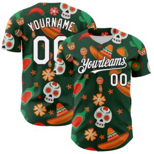 Custom Green White-Black 3D Mexican Festival Sombrero And Skull Cinco de Mayo Authentic Baseball Jersey