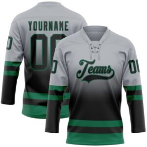 Custom Gray Black-Kelly Green Fade Fashion Hockey Lace Neck Jersey
