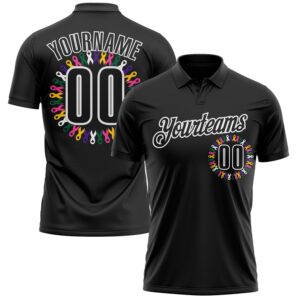 Custom Black White 3D Pattern Design Ribbon Cancer Awareness World Cancer Day Performance Polo Shirt