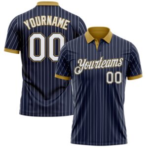 Custom Navy White Pinstripe-Old Gold Performance Polo Shirt