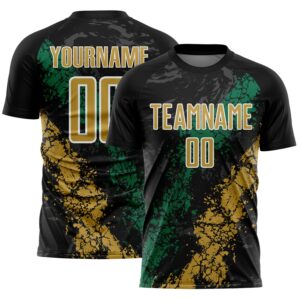 Custom Black Old Gold White-Kelly Green Dripping Splatter Cracked Texture Sublimation Soccer Uniform Jersey